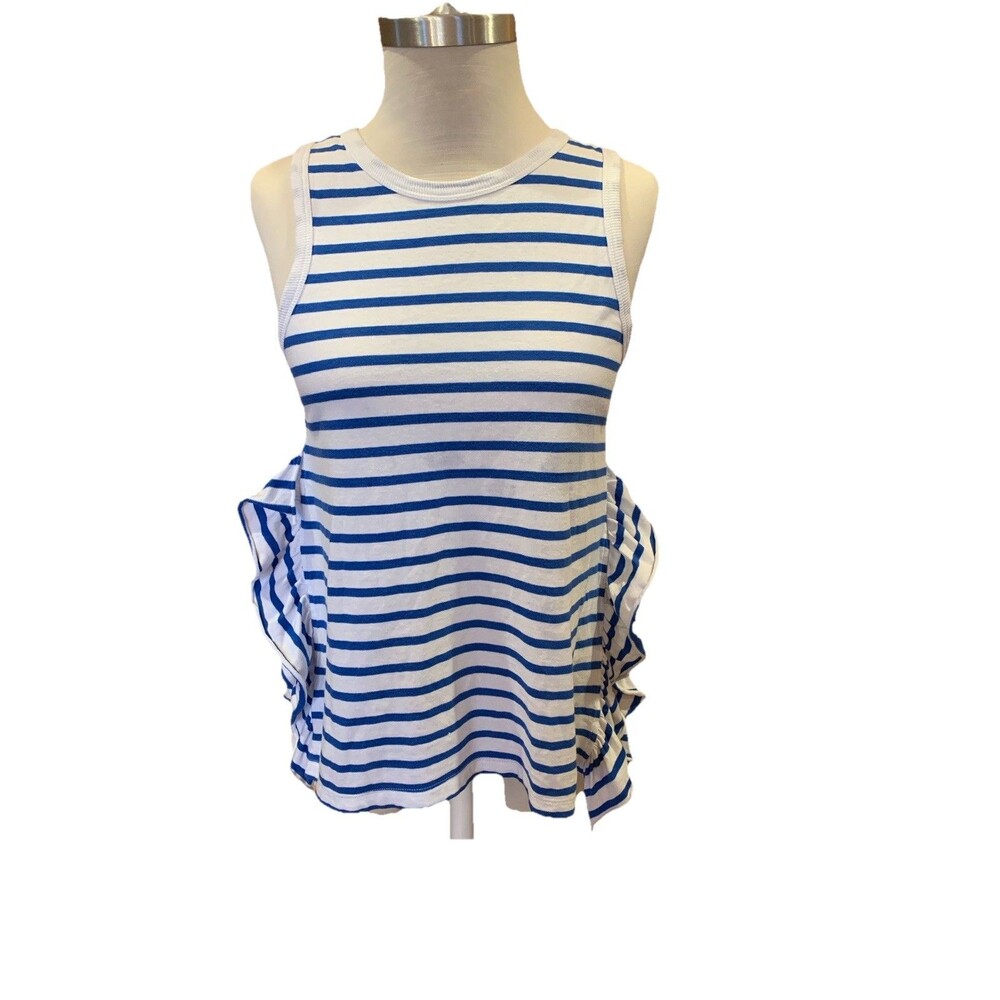 $120 Current Elliott Tank Top Side Slit Ruffle Striped Blue/Wht Size 0 *Note - Picture 3 of 12